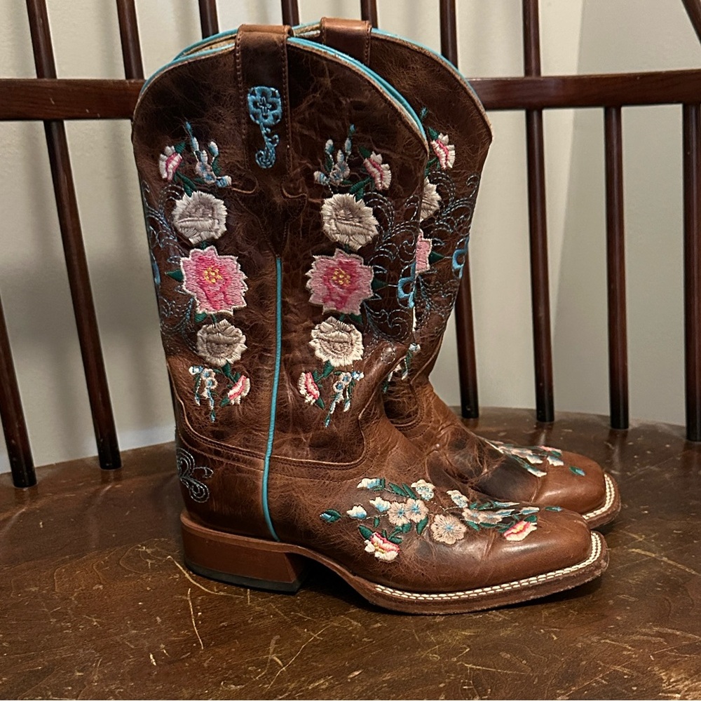 Brown Embroidered Floral Cowboy Boots with Turquoise Accents